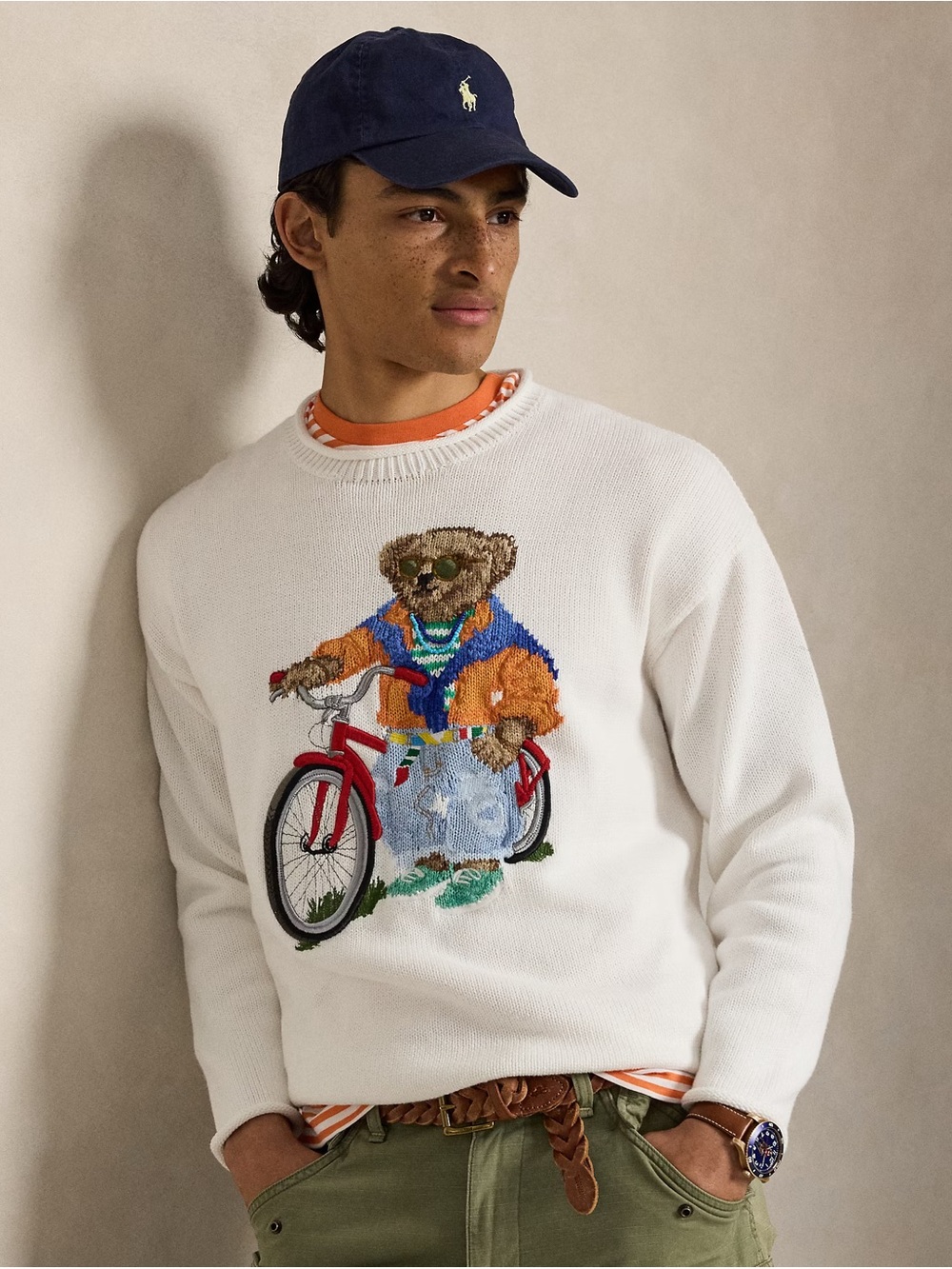 Polo by Ralph Lauren White rollneck Sweater with Embroidered Bear on Bicycle